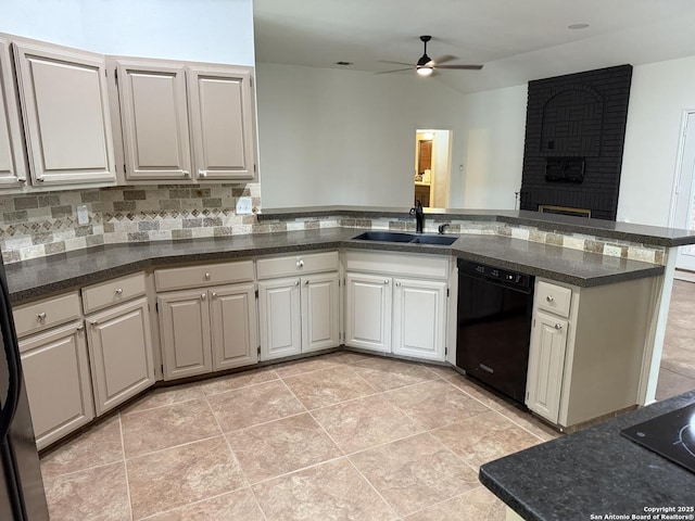 2411 Kelso, San Antonio, TX 78248 - kitchen with dishwasher, a sink, a ceiling fan, a peninsula, and light tile patterned flooring