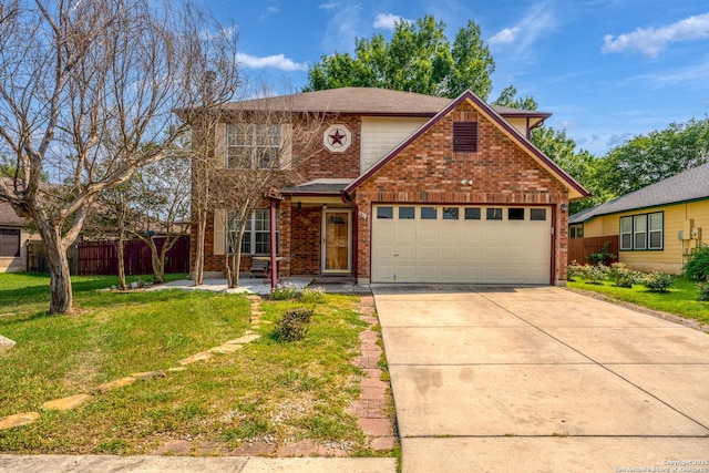 1130 Stone Gdn, New Braunfels, TX 78130 - traditional-style house with brick siding, an attached garage, and concrete driveway