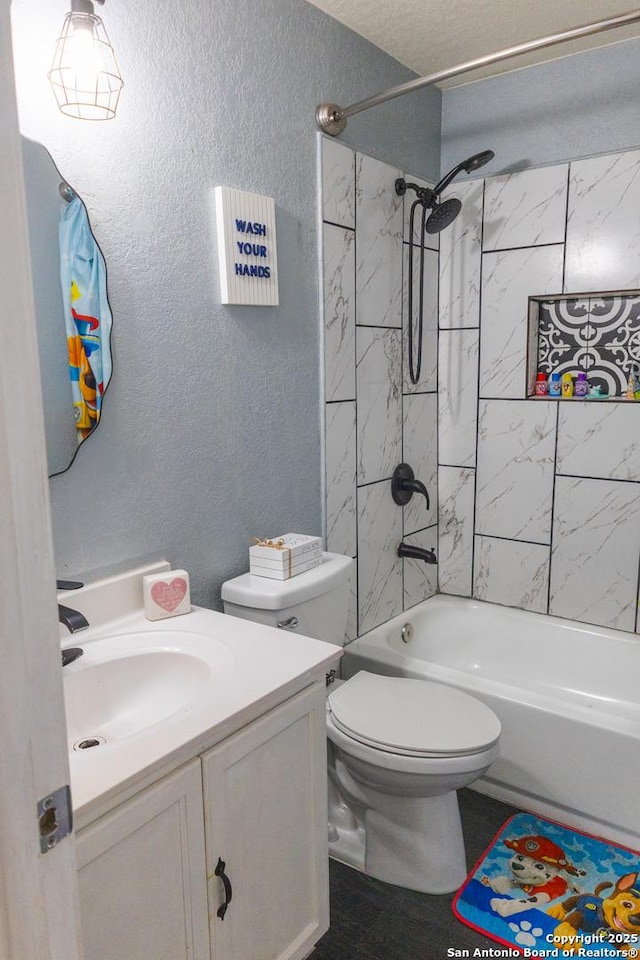 5311 Moreville Farm, San Antonio, TX 78228 - bathroom with vanity, a textured wall, toilet, and shower / washtub combination