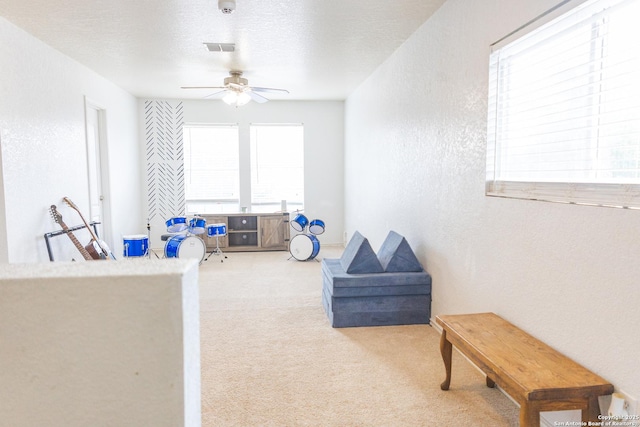 5311 Moreville Farm, San Antonio, TX 78228 - living area with carpet, a ceiling fan, and a textured wall