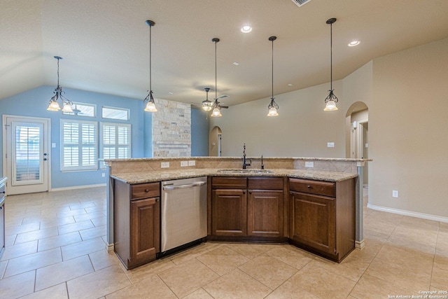 15522 Echo, Selma, TX 78154 - kitchen with dishwasher, arched walkways, a sink, vaulted ceiling, and baseboards