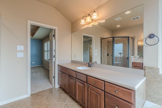 15522 Echo, Selma, TX 78154 - full bath featuring tile patterned flooring, vanity, a shower stall, and lofted ceiling