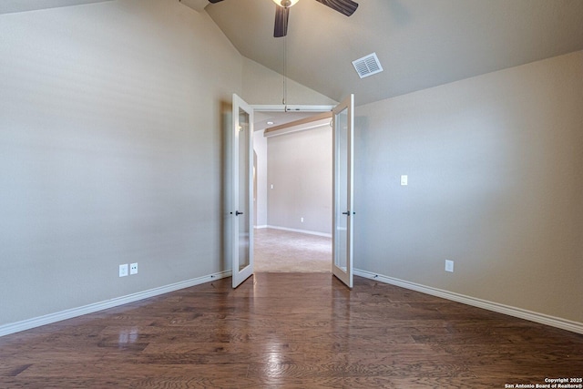 15522 Echo, Selma, TX 78154 - spare room with vaulted ceiling, a ceiling fan, dark wood-style flooring, and baseboards