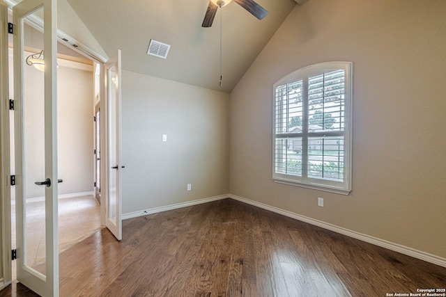 15522 Echo, Selma, TX 78154 - unfurnished bedroom featuring lofted ceiling, wood finished floors, french doors, baseboards, and a ceiling fan
