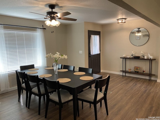 326 Riverview, Mcqueeney, TX 78123 - dining area featuring ceiling fan, baseboards, wood finished floors, and a textured ceiling