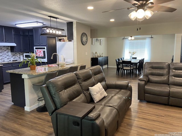326 Riverview, Mcqueeney, TX 78123 - living room with dark wood-type flooring, a ceiling fan, baseboards, and recessed lighting