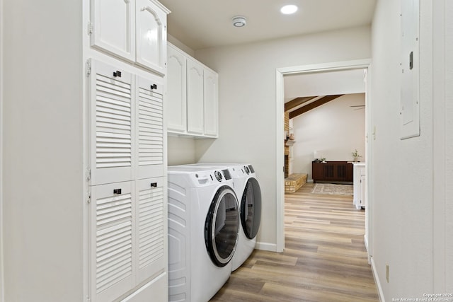 430 Yosemite Dr, San Antonio, TX 78232 - laundry area with washing machine and clothes dryer, light wood-style floors, cabinet space, baseboards, and recessed lighting