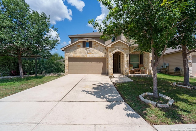 11607 Pelican Pass, San Antonio, TX 78221 - view of front of house with stone siding, driveway, a front lawn, an attached garage, and a porch