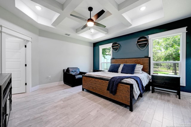 149 Chisum Ln, Vernia, TX 78121 - bedroom featuring coffered ceiling, light wood-style flooring, baseboards, ceiling fan, and beamed ceiling