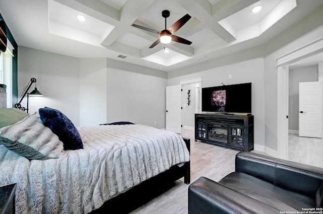 149 Chisum Ln, Vernia, TX 78121 - bedroom with coffered ceiling, light wood-style floors, baseboards, recessed lighting, and a ceiling fan