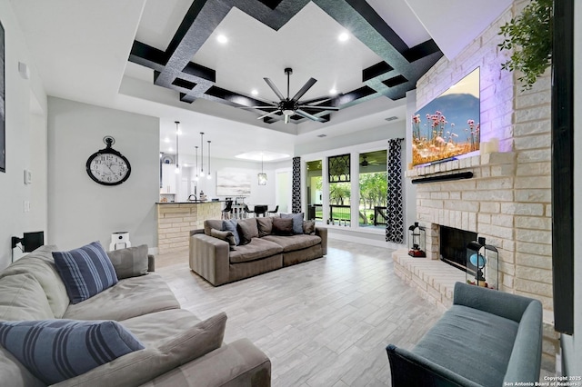149 Chisum Ln, Vernia, TX 78121 - living room with coffered ceiling, a fireplace, recessed lighting, beam ceiling, and baseboards