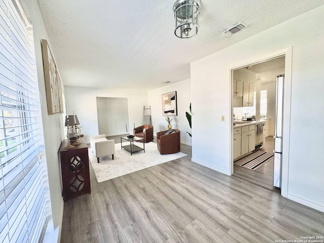 1303 Billings Dr, San Antonio, TX 78245 - living room with light wood finished floors, a textured ceiling, and baseboards