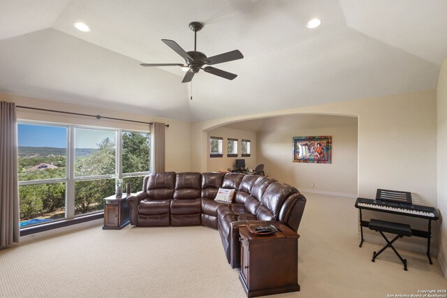 393 Upland Ct, Canyon Lake, TX 78133 - living room featuring light colored carpet, lofted ceiling, ceiling fan, recessed lighting, and baseboards