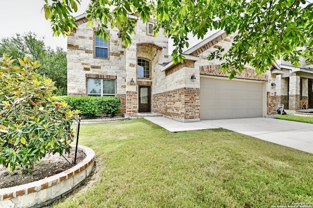14402 Palomino Pl, San Antonio, TX 78254 - view of front of property with concrete driveway, a front yard, stone siding, a garage, and brick siding