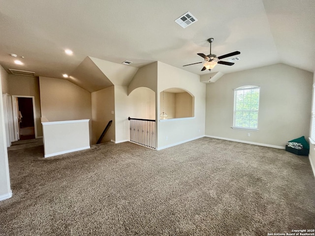 14402 Palomino Pl, San Antonio, TX 78254 - additional living space with lofted ceiling, carpet flooring, ceiling fan, baseboards, and recessed lighting