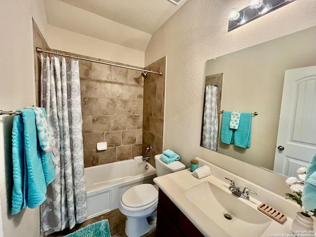 14402 Palomino Pl, San Antonio, TX 78254 - bathroom featuring toilet, shower / tub combo, vanity, and a textured wall
