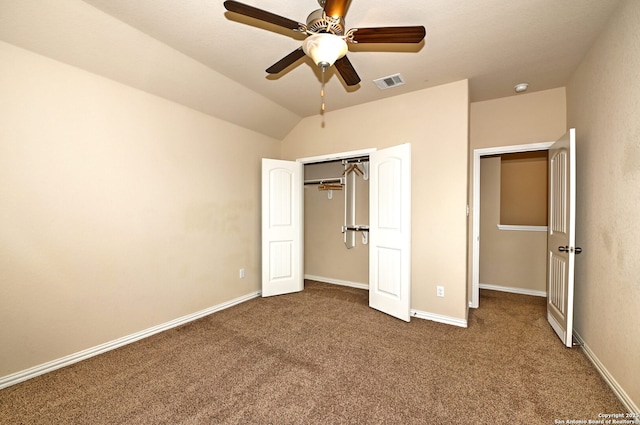 14402 Palomino Pl, San Antonio, TX 78254 - unfurnished bedroom with carpet floors, baseboards, a closet, a ceiling fan, and vaulted ceiling