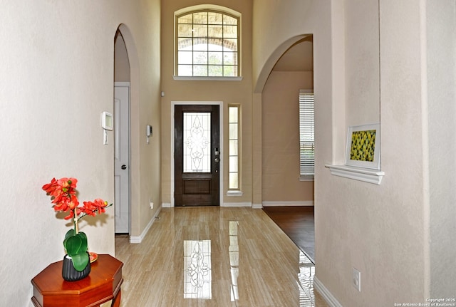 14402 Palomino Pl, San Antonio, TX 78254 - foyer entrance featuring arched walkways, baseboards, a towering ceiling, and wood finished floors