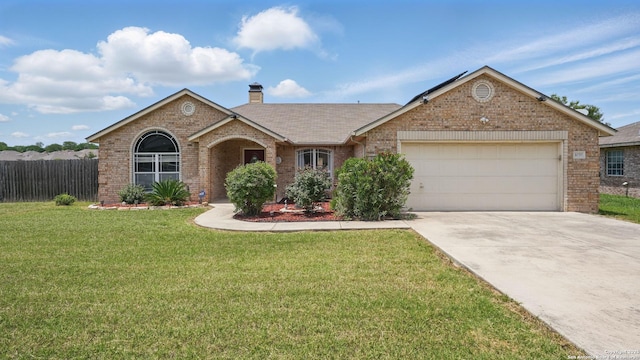 1070 Northpark, New Braunfels, TX 78130 - ranch-style house with brick siding, a garage, driveway, and a chimney