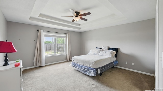 1070 Northpark, New Braunfels, TX 78130 - bedroom featuring a tray ceiling, carpet, baseboards, and a ceiling fan