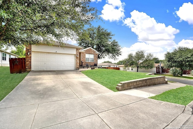 single story home featuring concrete driveway, brick siding, and an attached garage