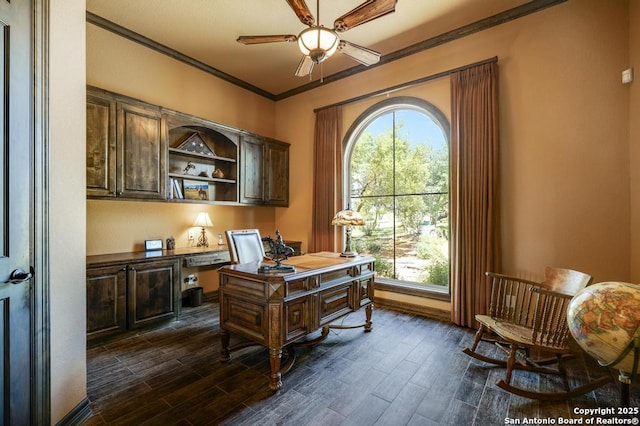 286 Settlers, Comfort, TX 78013 - office with a ceiling fan, dark wood finished floors, crown molding, and built in study area