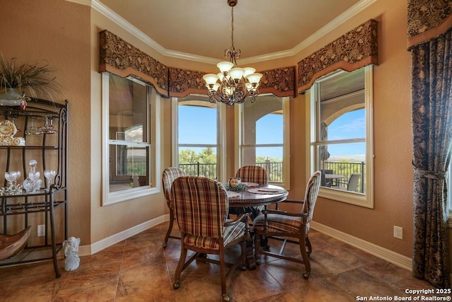 286 Settlers, Comfort, TX 78013 - tiled dining area featuring healthy amount of natural light, a chandelier, ornamental molding, and baseboards