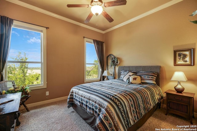 286 Settlers, Comfort, TX 78013 - bedroom with carpet floors, baseboards, ornamental molding, and a ceiling fan