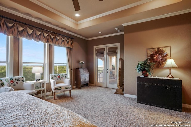 286 Settlers, Comfort, TX 78013 - bedroom with access to outside, carpet, baseboards, crown molding, and french doors