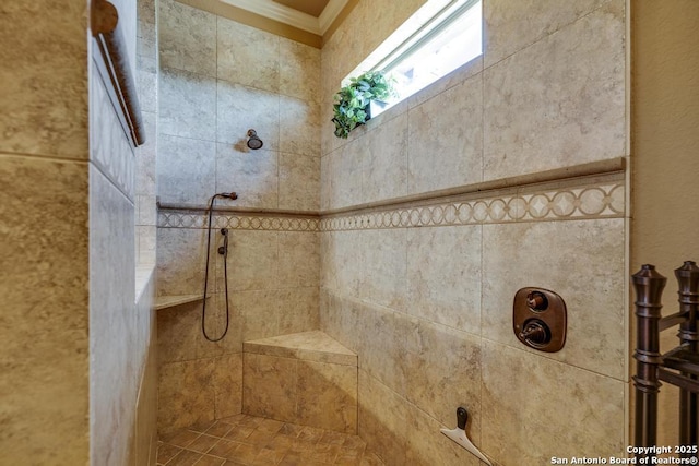 286 Settlers, Comfort, TX 78013 - bathroom with crown molding and a tile shower