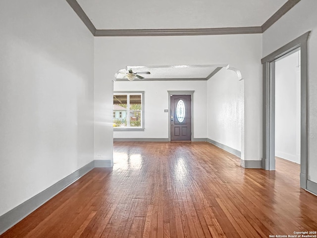1806 W Magnolia, San Antonio, TX 78201 - entrance foyer featuring ornamental molding, hardwood / wood-style flooring, a ceiling fan, and baseboards