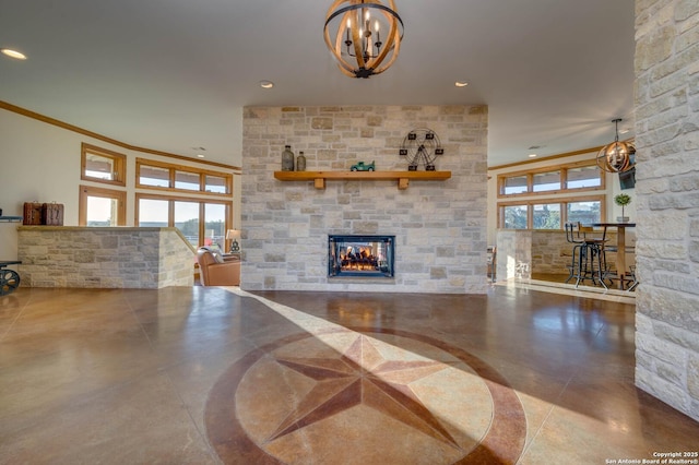 24005 Pedernales Canyon Trl, Spicewood, TX 78669 - unfurnished living room with a chandelier, a fireplace, concrete flooring, ornamental molding, and recessed lighting