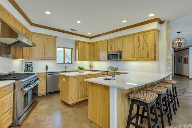 24005 Pedernales Canyon Trl, Spicewood, TX 78669 - kitchen featuring stainless steel appliances, a sink, wall chimney range hood, a center island, and crown molding