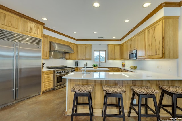 24005 Pedernales Canyon Trl, Spicewood, TX 78669 - kitchen with high end appliances, wall chimney exhaust hood, recessed lighting, ornamental molding, and light countertops