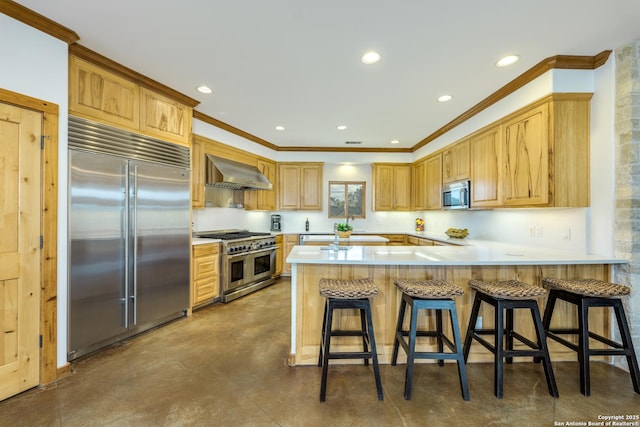 24005 Pedernales Canyon Trl, Spicewood, TX 78669 - kitchen with high end appliances, wall chimney range hood, crown molding, finished concrete flooring, and a peninsula