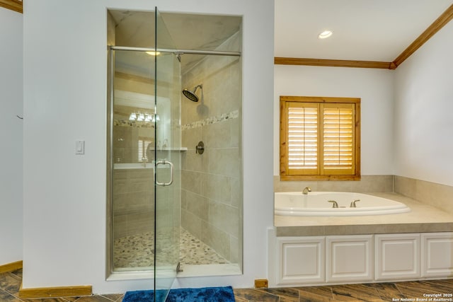 24005 Pedernales Canyon Trl, Spicewood, TX 78669 - full bath with a stall shower, crown molding, a garden tub, and recessed lighting