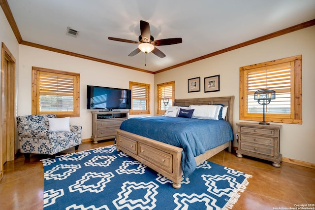 24005 Pedernales Canyon Trl, Spicewood, TX 78669 - bedroom featuring multiple windows, ornamental molding, a ceiling fan, and baseboards