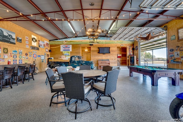 24005 Pedernales Canyon Trl, Spicewood, TX 78669 - playroom featuring wood walls, billiards table, and high vaulted ceiling
