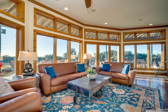 24005 Pedernales Canyon Trl, Spicewood, TX 78669 - living room featuring recessed lighting, crown molding, a ceiling fan, and wood finished floors