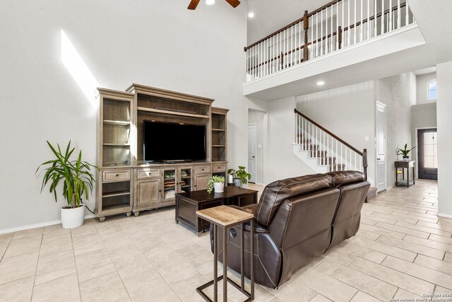 2126 Elysian, San Antonio, TX 78253 - living area with a high ceiling, ceiling fan, stairway, light tile patterned floors, and recessed lighting