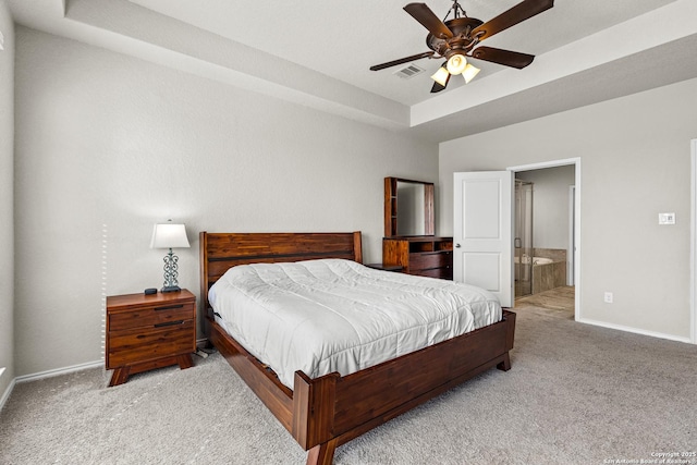2126 Elysian, San Antonio, TX 78253 - bedroom featuring carpet, baseboards, a raised ceiling, connected bathroom, and ceiling fan