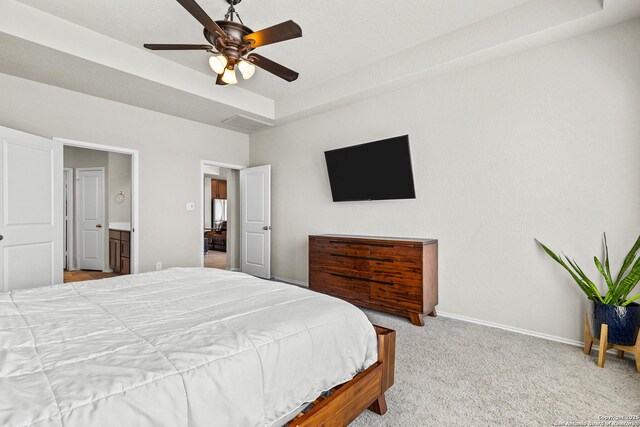 2126 Elysian, San Antonio, TX 78253 - bedroom with baseboards, carpet floors, a raised ceiling, and ceiling fan