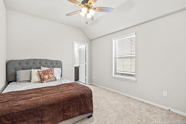 2126 Elysian, San Antonio, TX 78253 - bedroom featuring carpet, lofted ceiling, baseboards, ensuite bathroom, and a ceiling fan