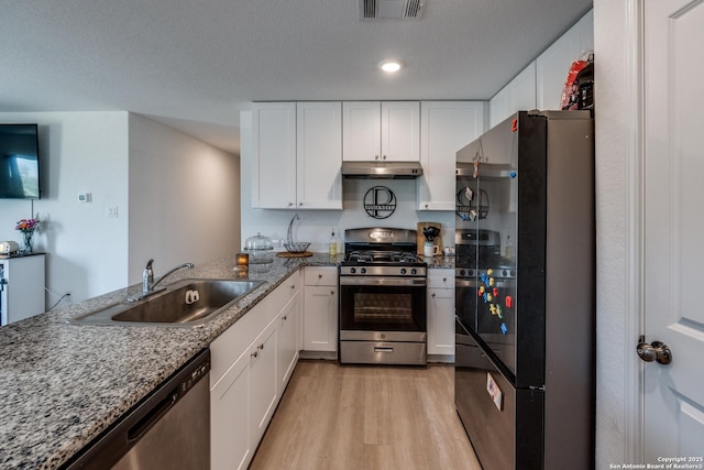 3823 Casado, Converse, TX 78109 - kitchen with appliances with stainless steel finishes, a sink, under cabinet range hood, light wood finished floors, and white cabinetry