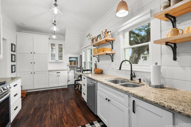 508 Main, Marble Falls, TX 78654 - kitchen with open shelves, a sink, stainless steel appliances, white cabinetry, and crown molding