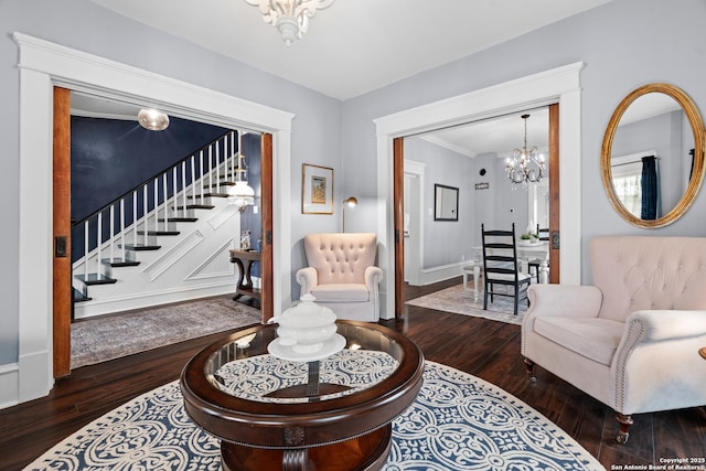 508 Main, Marble Falls, TX 78654 - living area with a chandelier, hardwood / wood-style floors, stairway, and baseboards
