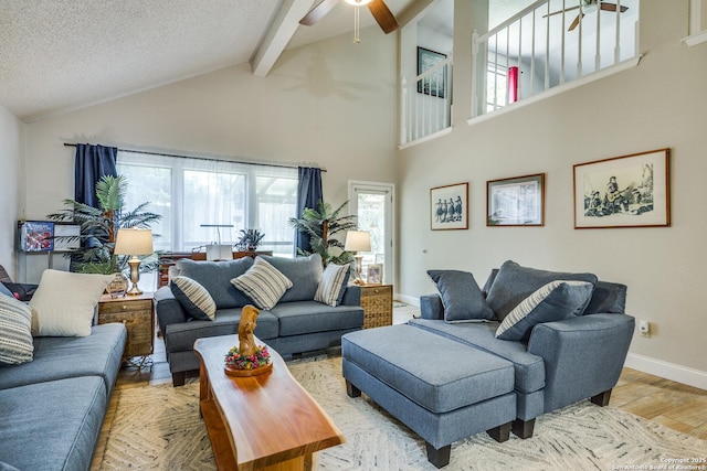 1027 Hedgestone, San Antonio, TX 78258 - living area with a ceiling fan, beamed ceiling, high vaulted ceiling, plenty of natural light, and wood finished floors