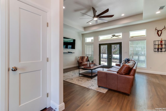 224 Frey, Boerne, TX 78006 - living room with dark wood-style flooring, ceiling fan, baseboards, french doors, and recessed lighting