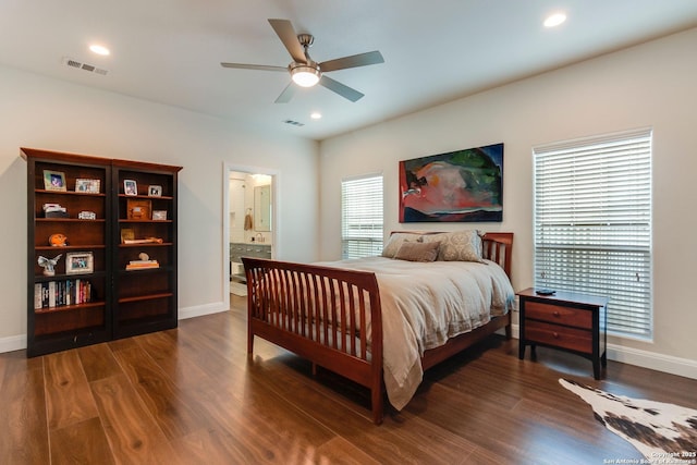 224 Frey, Boerne, TX 78006 - bedroom with wood finished floors, baseboards, ensuite bathroom, recessed lighting, and a ceiling fan