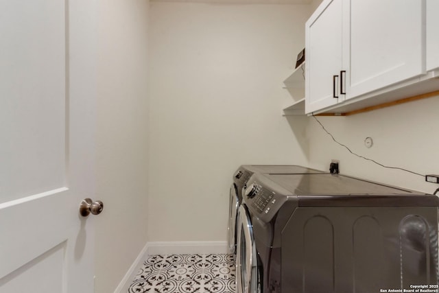 224 Frey, Boerne, TX 78006 - laundry room with cabinet space, washing machine and clothes dryer, baseboards, and light tile patterned floors